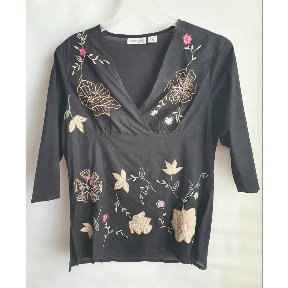 Claudia Richard Black Embroidered Floral V-Neck 3/4 Sleeve Cotton Top‎ Small